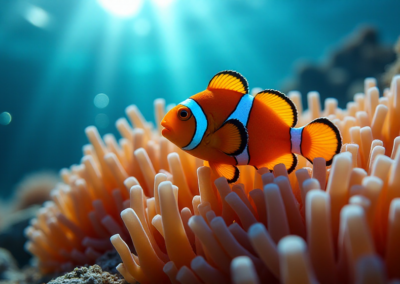 A Clownfish simming above corals