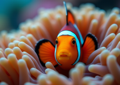 A Clownfish emerging from corals
