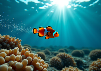 A Clownfish swimming above corals