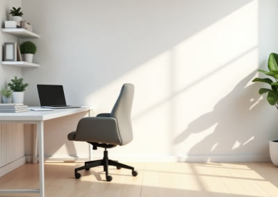 A minimalist home office with a white desk