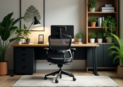 A modern home office with sleek black desk