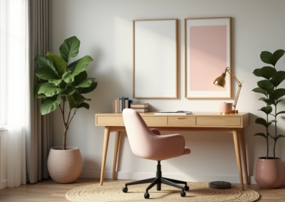 A stylish home office corner with a beige desk