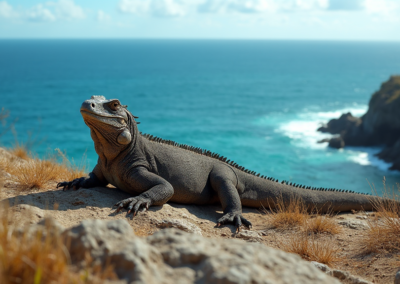 Komodo Dragon laying on a rocky surface by the sea