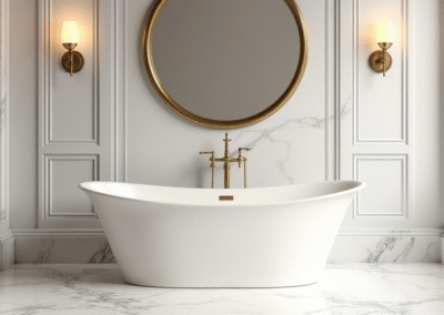 A luxurious bathroom with a freestanding white tub