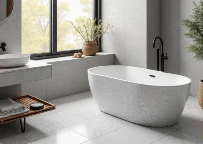 A serene bathroom with a matte white freestanding tub