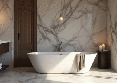 A high-end bathroom with freestanding oval tub