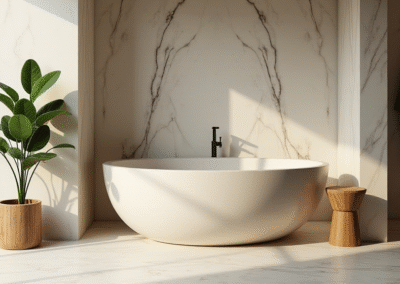 A luxurious spa-like bathroom with stone freestanding tub
