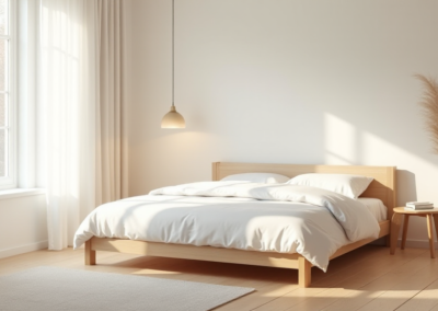 A minimalist bedroom with a low-profile white bed
