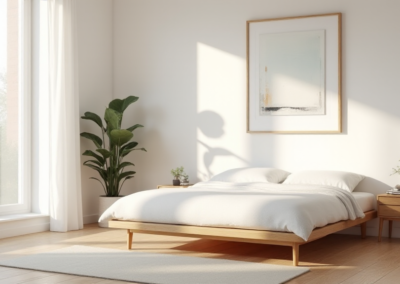 A Japanese-style minimalist bedroom with tatami mats