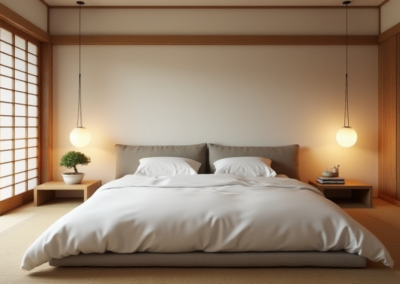 “A minimalist bedroom with a monochrome palette
