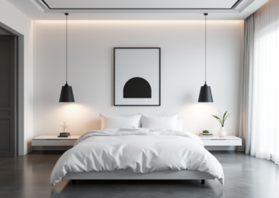 A minimalist bedroom with a clean white bed