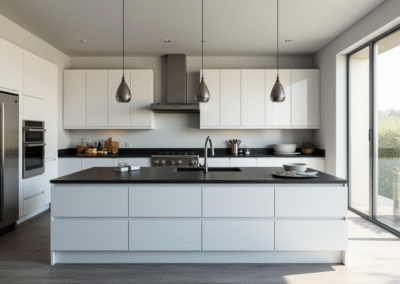 A spacious modern kitchen with a large island