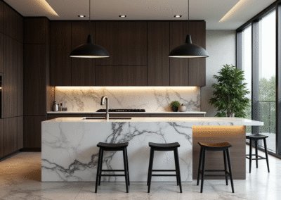 A stylish kitchen with a marble island