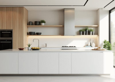 A bright modern kitchen with light wood accents