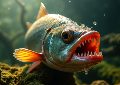 A close shot of a piranha showing its fierce teeth