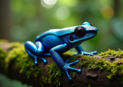 A vibrant blue poison dart frog resting on a moss-covered log in the Amazon rainforest