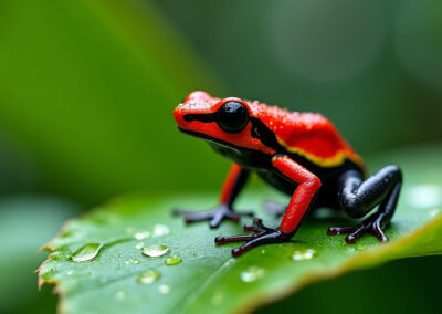 A red and black poison dart frog perched on a bright green leaf after rain