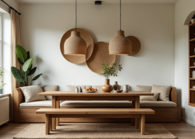A warm and inviting dining room with a distressed wood table