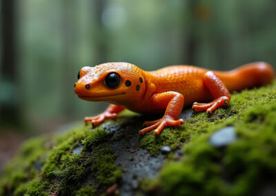 a close-up of a fire salamander (Salamandra salamandra) resting on a moss-covered rock