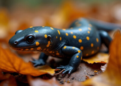 a spotted salamander (Ambystoma maculatum) crawling through autumn leaves