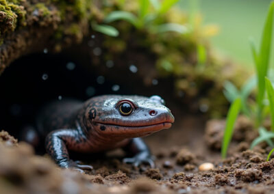 a tiger salamander (Ambystoma tigrinum) emerging from a burrow in a grassy meadow after rainfall,