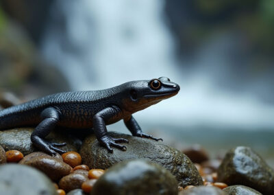 An alpine salamander (Salamandra atra) captured in a mountain environment