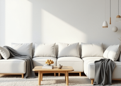 A Scandinavian-inspired living room with a white linen sofa