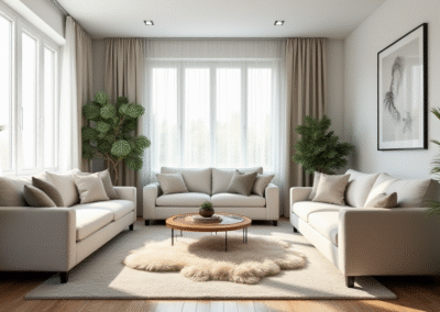 A lounge with neutral-toned furniture