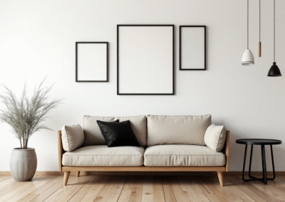 A modern Scandinavian lounge with a beige sofa