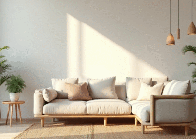 A serene Scandinavian lounge with soft fabric cushions