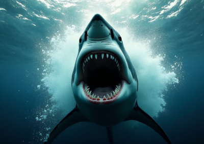 A shark with its jaw ide open