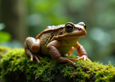 close-up of a common toad sitting on a moss-covered rock in a lush forest.