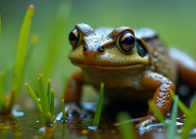 a toad emerging from wet grass during a light rain.