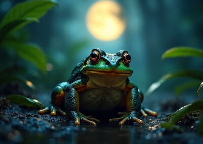a toad under moonlight in a tropical rainforest at night
