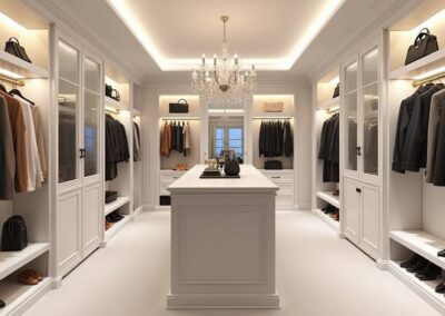 A luxurious walk-in closet with white shelves