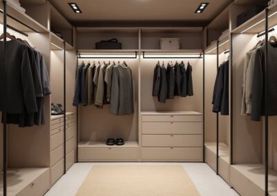 A sleek, minimalist walk-in closet with neutral tones