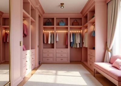 A glamorous walk-in closet with pastel walls