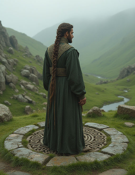 A traditional Celtic man on top of a mountain