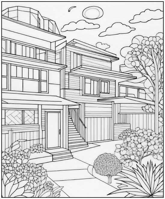 Intricate line art coloring page of two modern, angular houses. The foreground features stylized bushes and a tree made of mosaic-like patterns, in a style inspired by surrealism.