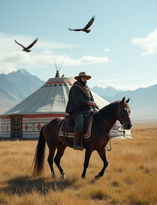 A Mongolian nomad on horseback rides across the steppe, with a traditional ger in the background and two eagles flying above.