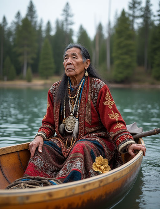 An Ojibwe elder with a serene expression, wearing an ornate red coat and beaded necklaces, sits in a wooden canoe on a misty lake.