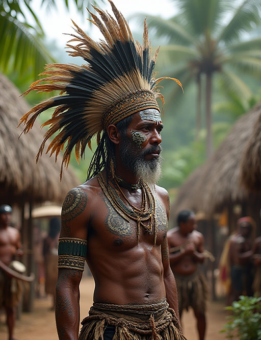 A Papua New Guinea tribesman wearing an elaborate feather headdress and intricate body paint stands in his village.