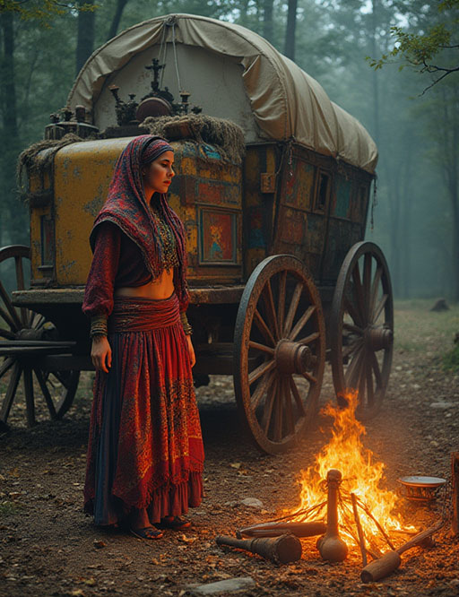 A Romani woman in a traditional patterned skirt and headscarf stands thoughtfully by a campfire, with a weathered wooden caravan (vardo) in a misty forest.