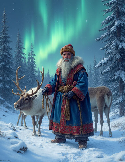 A wise-looking Sámi elder with a long white beard, wearing a traditional blue gákti, stands with his reindeer in a snowy forest as the aurora borealis glows in the sky.