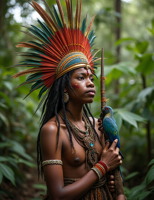 A young Sápara woman with a determined expression, wearing a large, colorful feather headdress and face paint, stands in the Amazon rainforest holding a spear with a parrot on it.