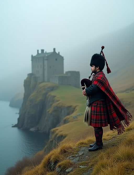 A young Scottish piper in full Highland dress, including a kilt and tartan plaid, stands on a cliff's edge holding his bagpipes, looking out at a castle on a distant, misty loch.
