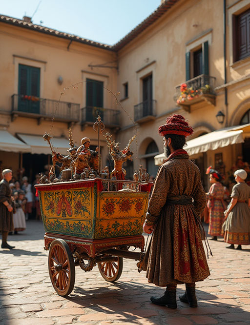 A man in historical Sicilian clothing stands in a cobblestone piazza before a colorfully painted Carretto Siciliano (Sicilian cart) which is set up as a stage for the Opera dei Pupi puppet theatre.