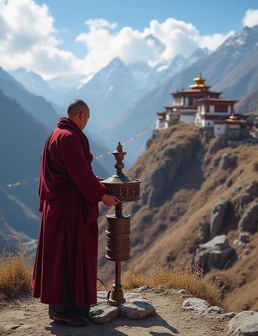 A Tibetan monk in maroon robes stands with a large, ornate prayer wheel on a mountaintop, overlooking a distant monastery nestled among snow-capped Himalayan peaks.