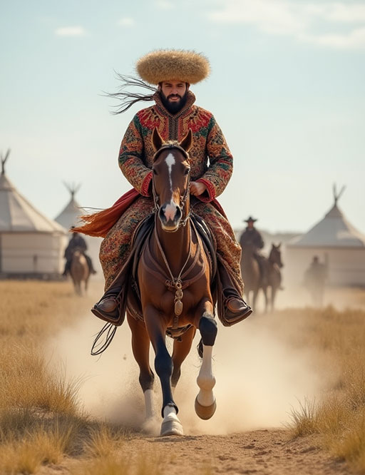 A Turkmen man in a traditional telpek fur hat and ornate coat rides an Akhal-Teke horse through a nomadic camp on the steppe.