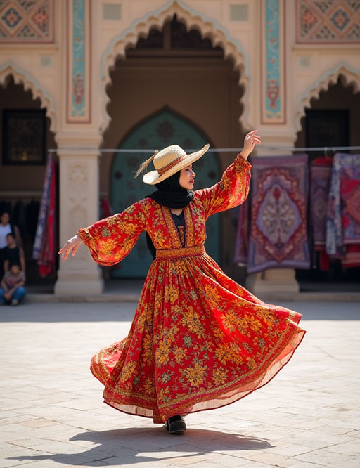 A graceful Uyghur woman wearing a vibrant red floral dress, a black headscarf, and a straw hat performs a traditional dance in a sunny courtyard with Silk Road-style architecture.